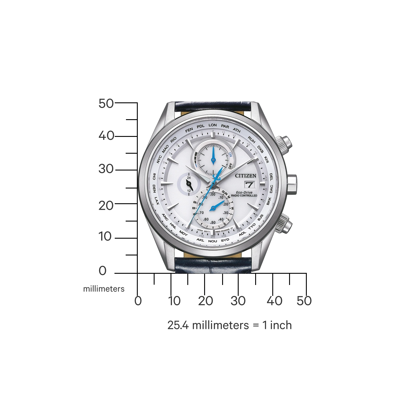 Citizen horloge met wereldtijdfunctie, witte wijzerplaat en blauwe accenten.