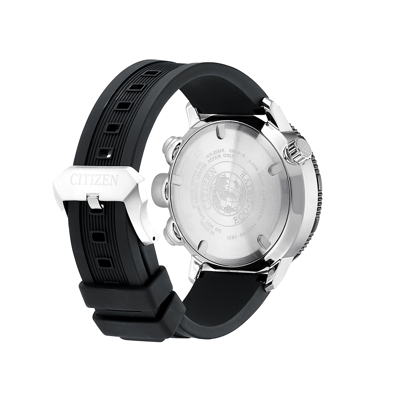 Citizen horloge met zwarte band, roestvrijstalen achterkant en Eco-Drive technologie.