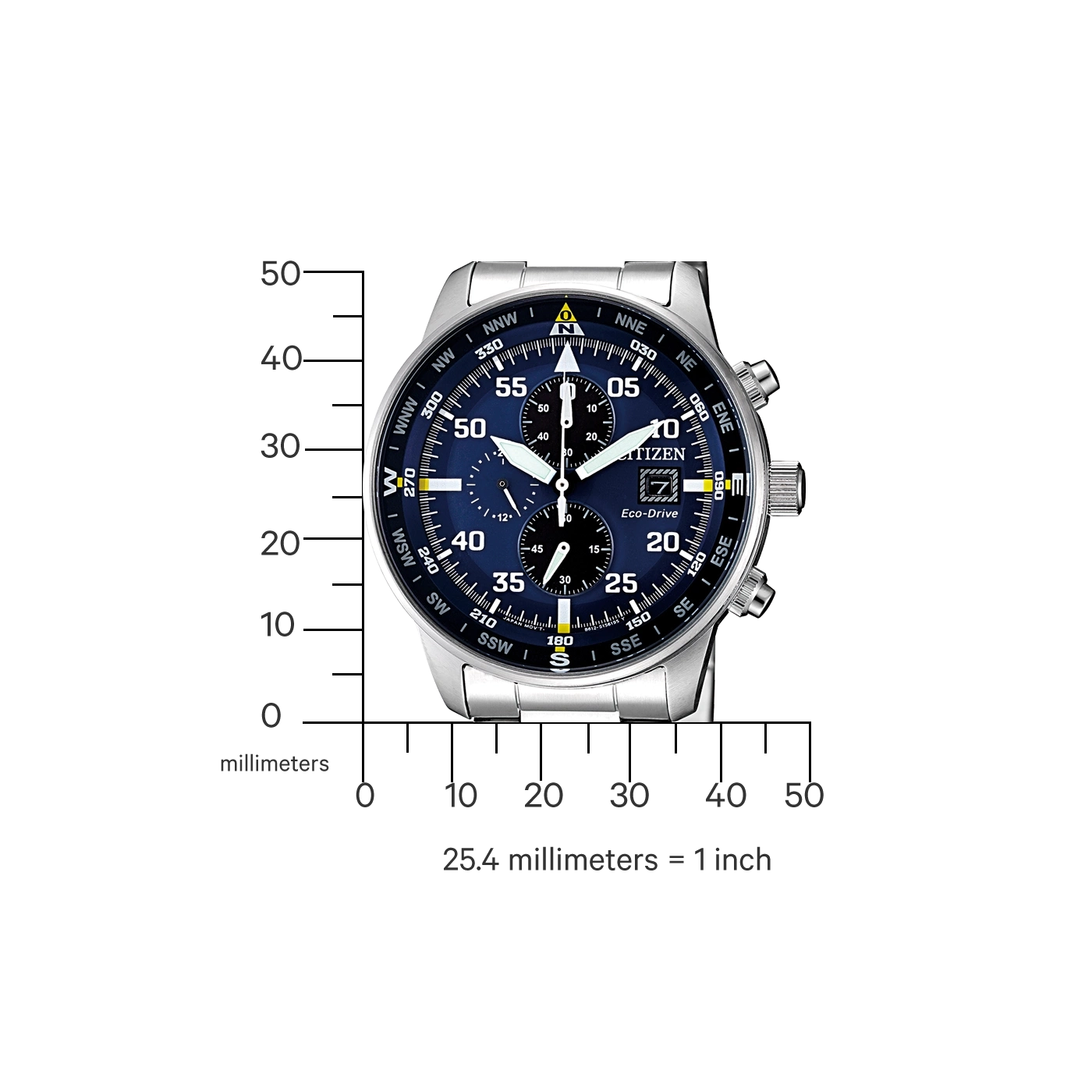 Citizen horloge met blauwe wijzerplaat, tijd en kompasmarkeringen, met zilveren band.