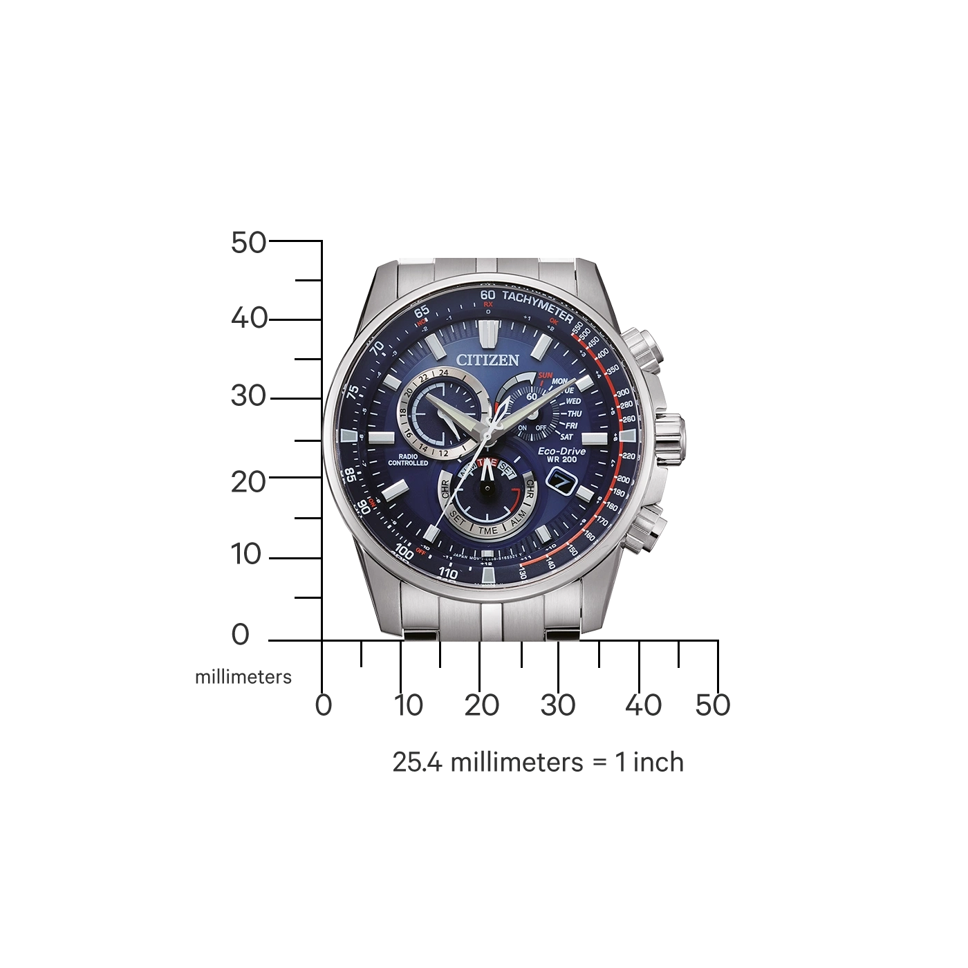Citizen horloge met blauwe wijzerplaat, tachymeter en radiogestuurde functies.