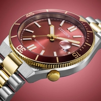 Close-up van een Citizen automatisch horloge met rode wijzerplaat en gouden accenten.