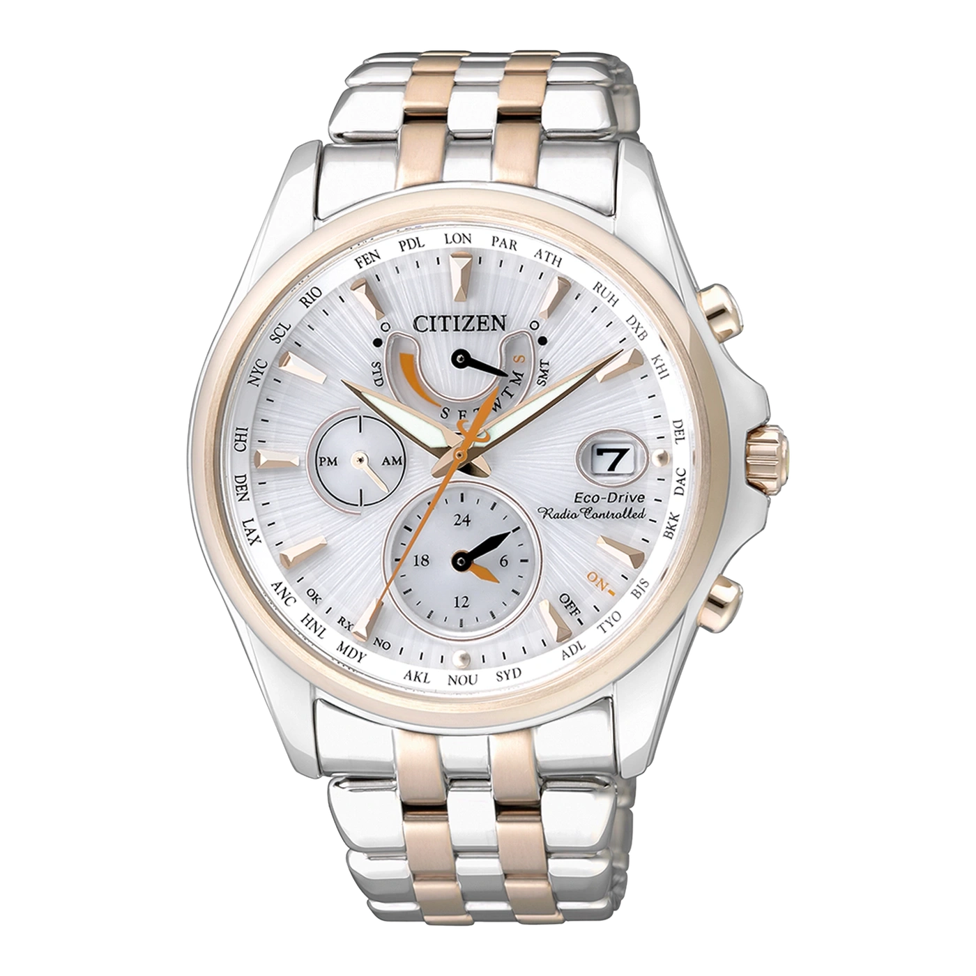 Citizen horloge met zilveren en gouden accenten, wereldtijd en datumweergave.
