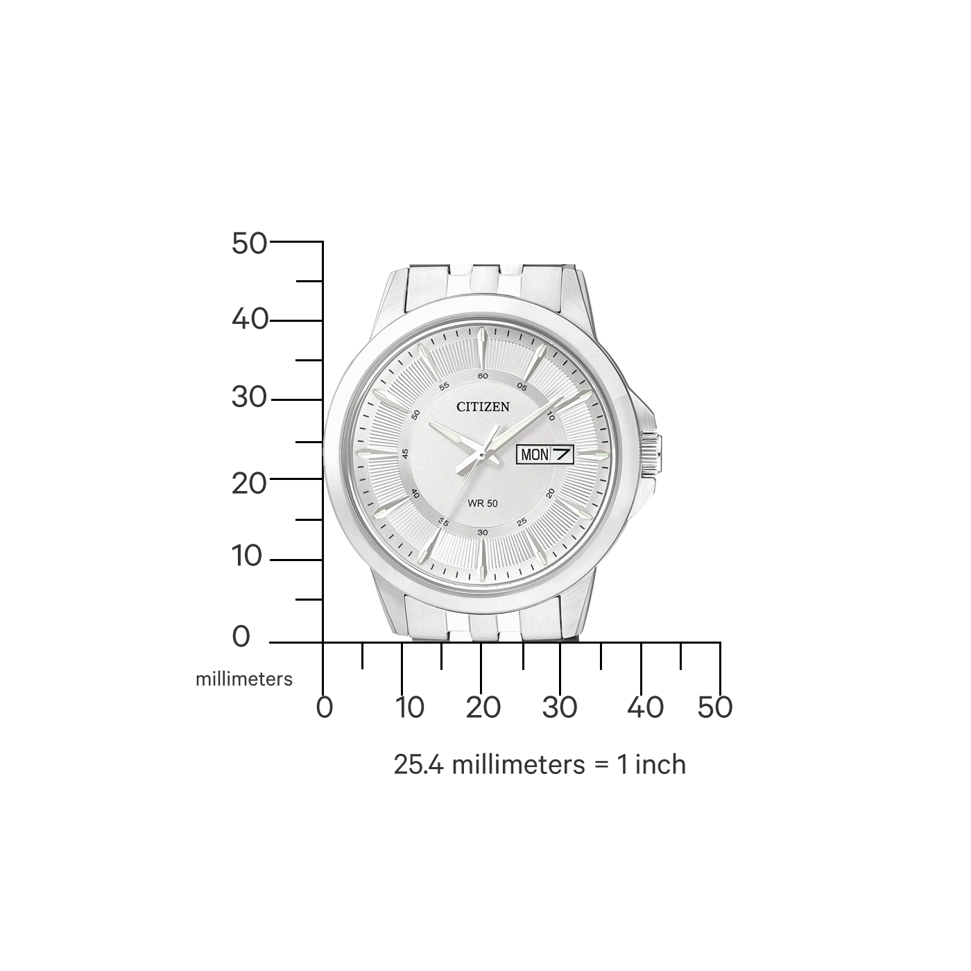 Zilveren Citizen horloge met datumweergave en millimeterschaal voor maatvergelijking.