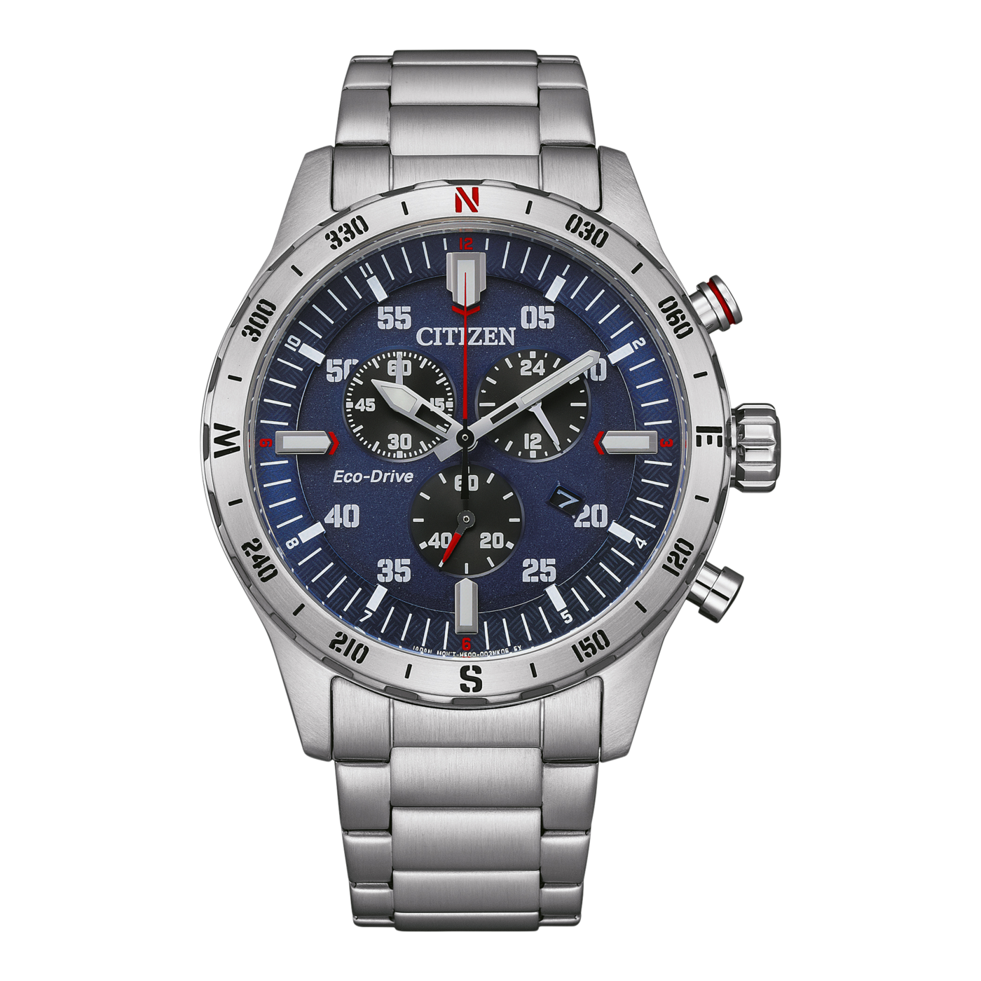 Citizen horloge met blauwe wijzerplaat, zilveren band en chronograaf functies.