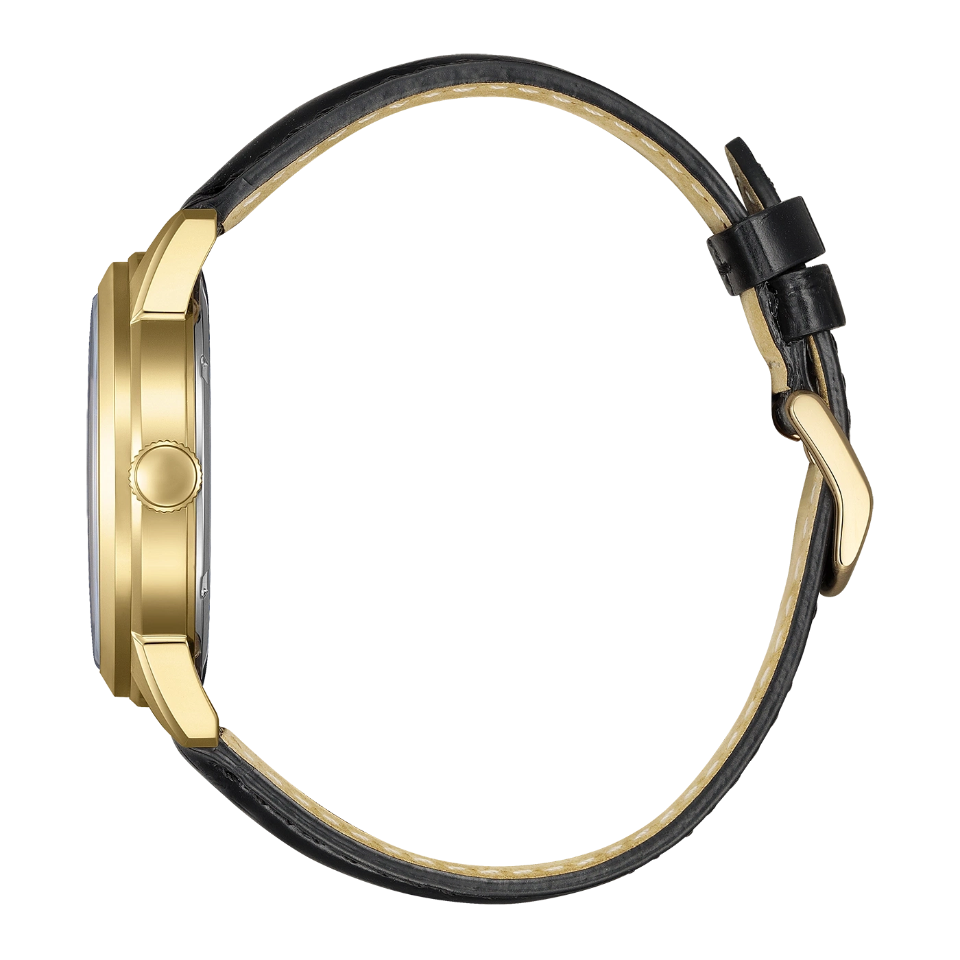 Zijaanzicht van een gouden horloge met een zwart leren bandje.