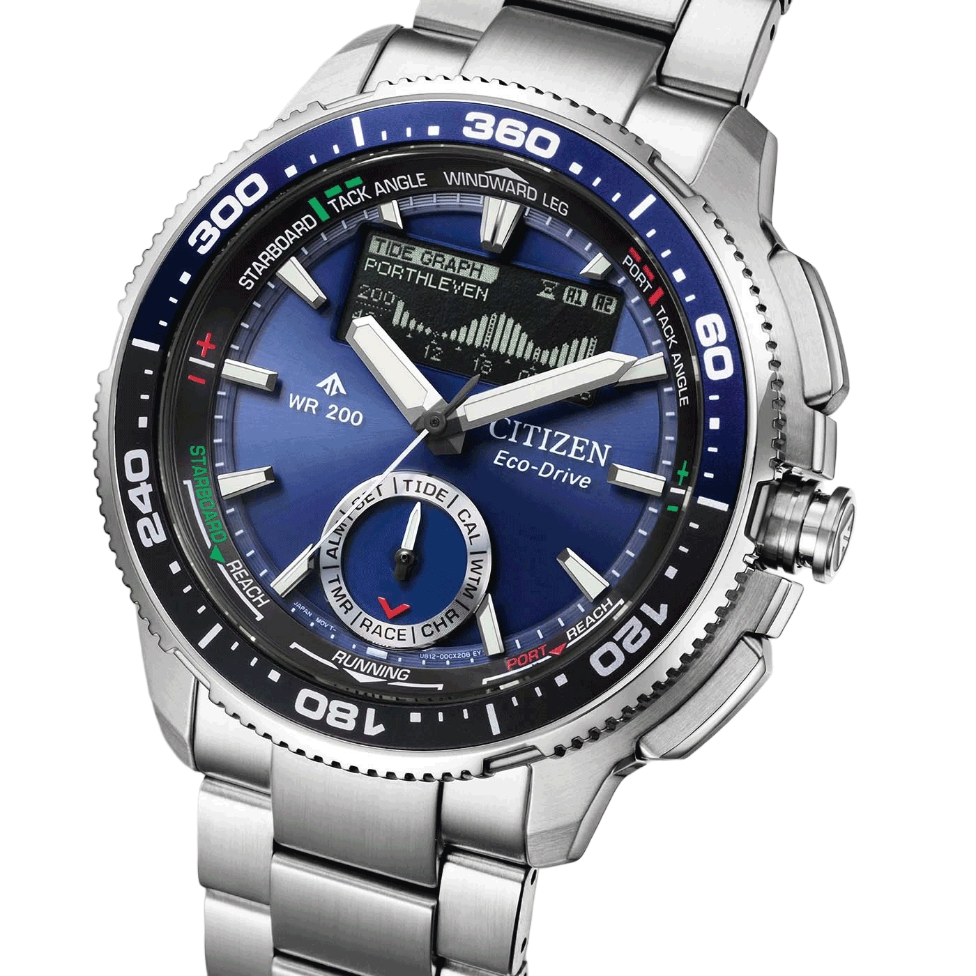 Een blauw Citizen Eco-Drive horloge met metalen band en getijdengrafiek.