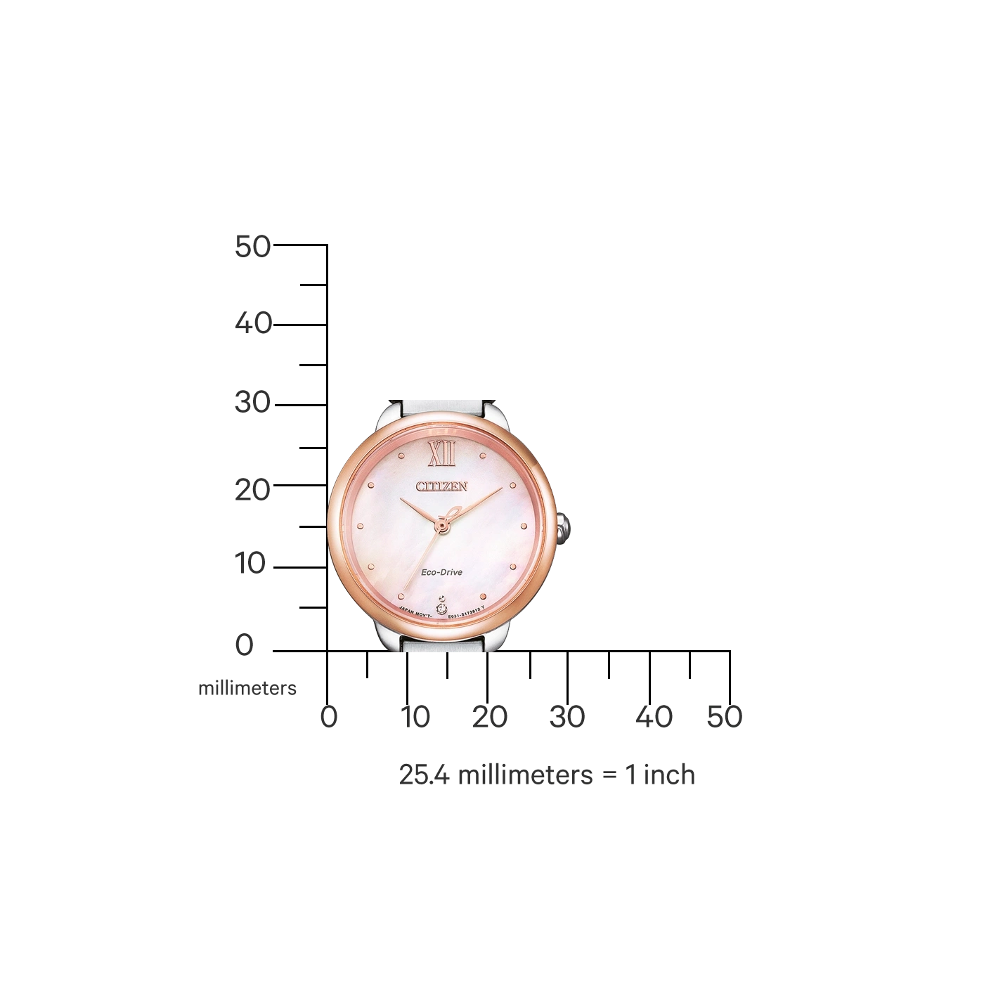 Citizen horloge met roségouden rand en witte band, meetschaal.