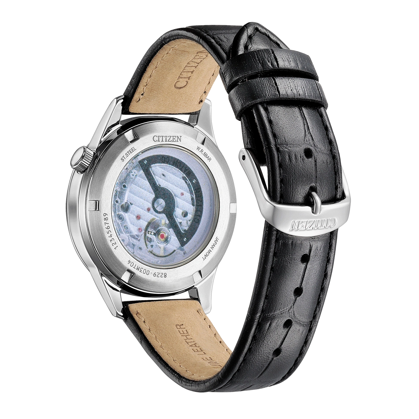 Citizen horloge met een zwarte leren band, toont de achterkant van het horloge.