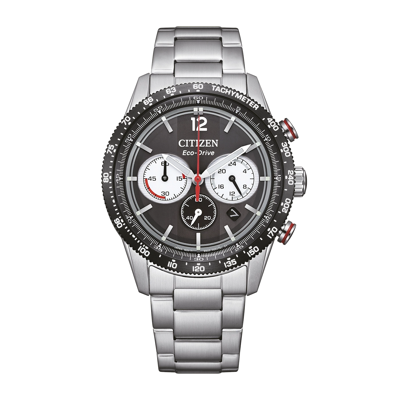 Een Citizen Eco-Drive chronograaf horloge met donkere wijzerplaat en roestvrijstalen band.