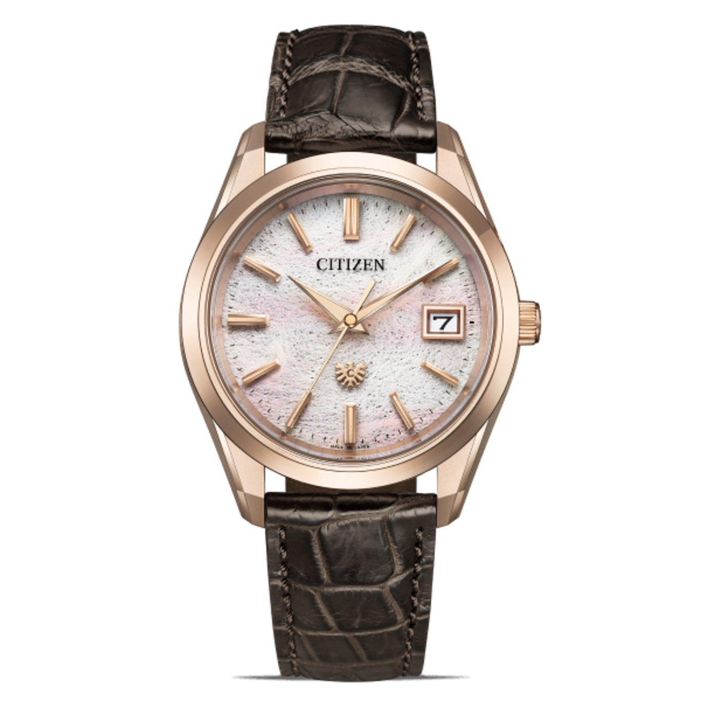 Citizen horloge met roségouden kast en leren band, elegant design.