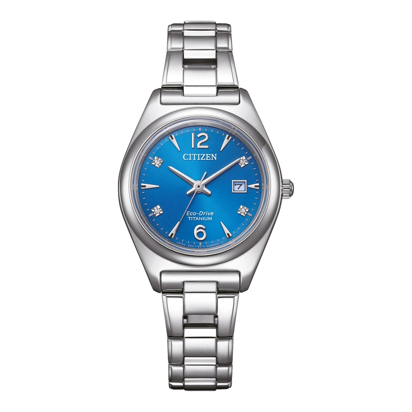 Citizen horloge met blauwe wijzerplaat, titanium, Eco-Drive en zilveren armband.