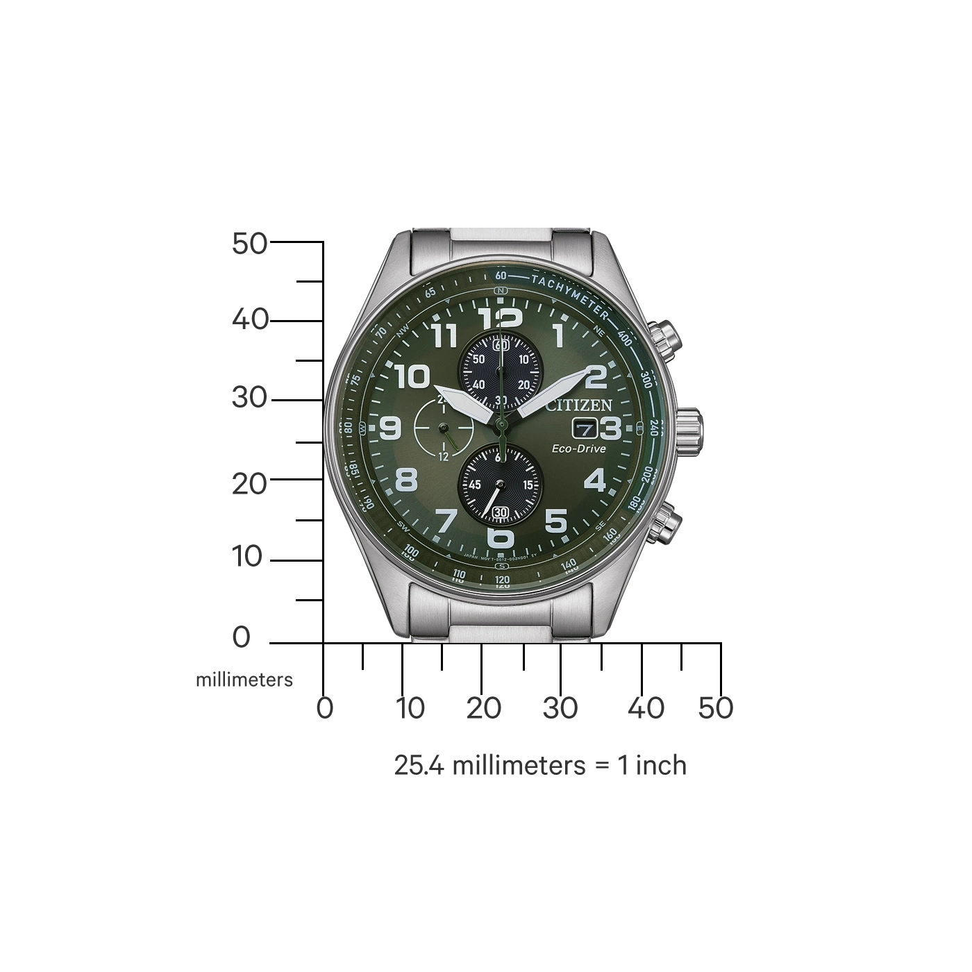 Citizen horloge met groene wijzerplaat en zilveren band, toont tijd en tachymeter.
