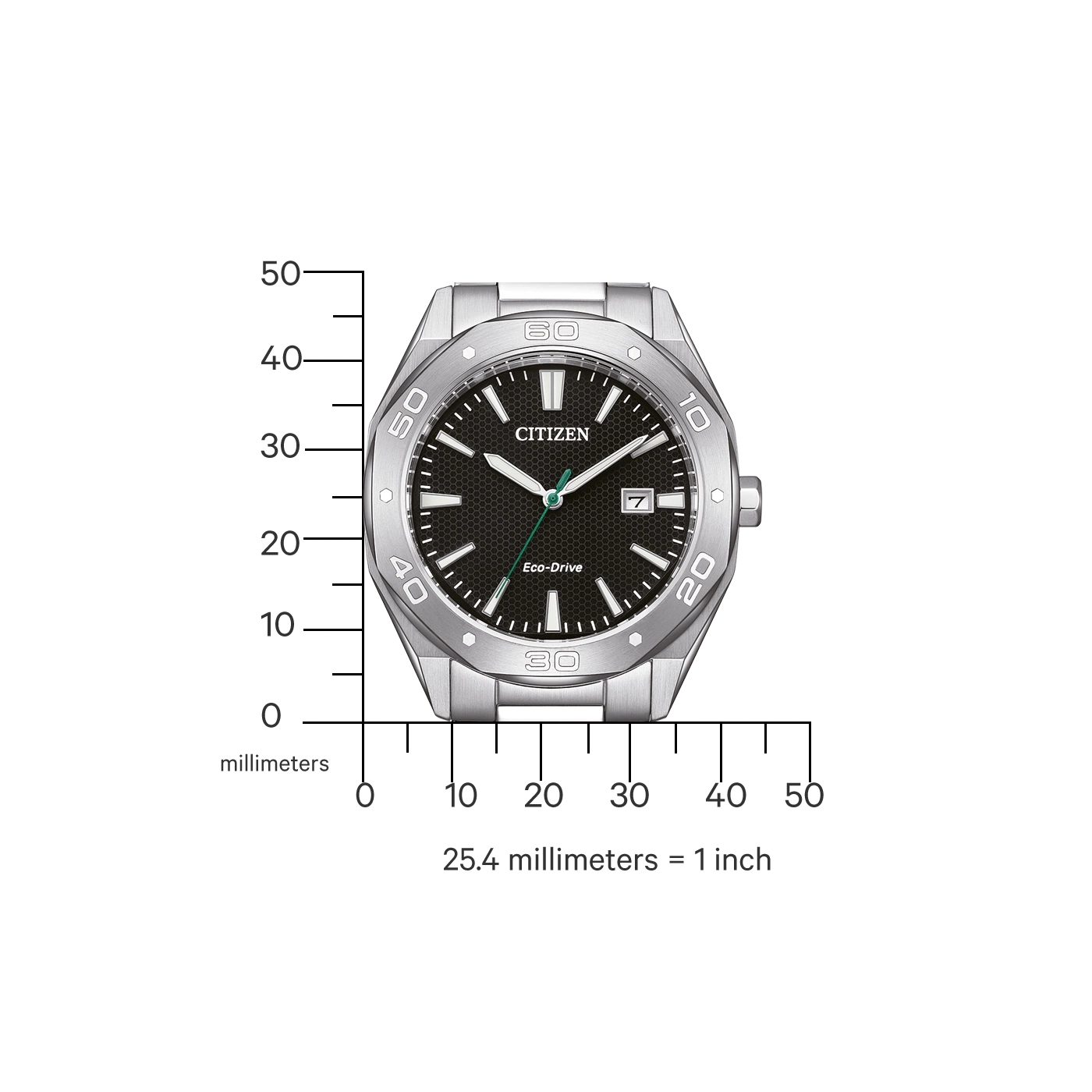 Citizen horloge met zwarte wijzerplaat, zilveren rand en datumweergave. Eco-Drive technologie.