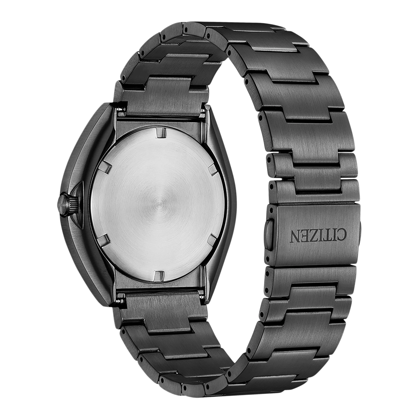 Achterkant van een zwart Citizen horloge met metalen band en de merknaam.