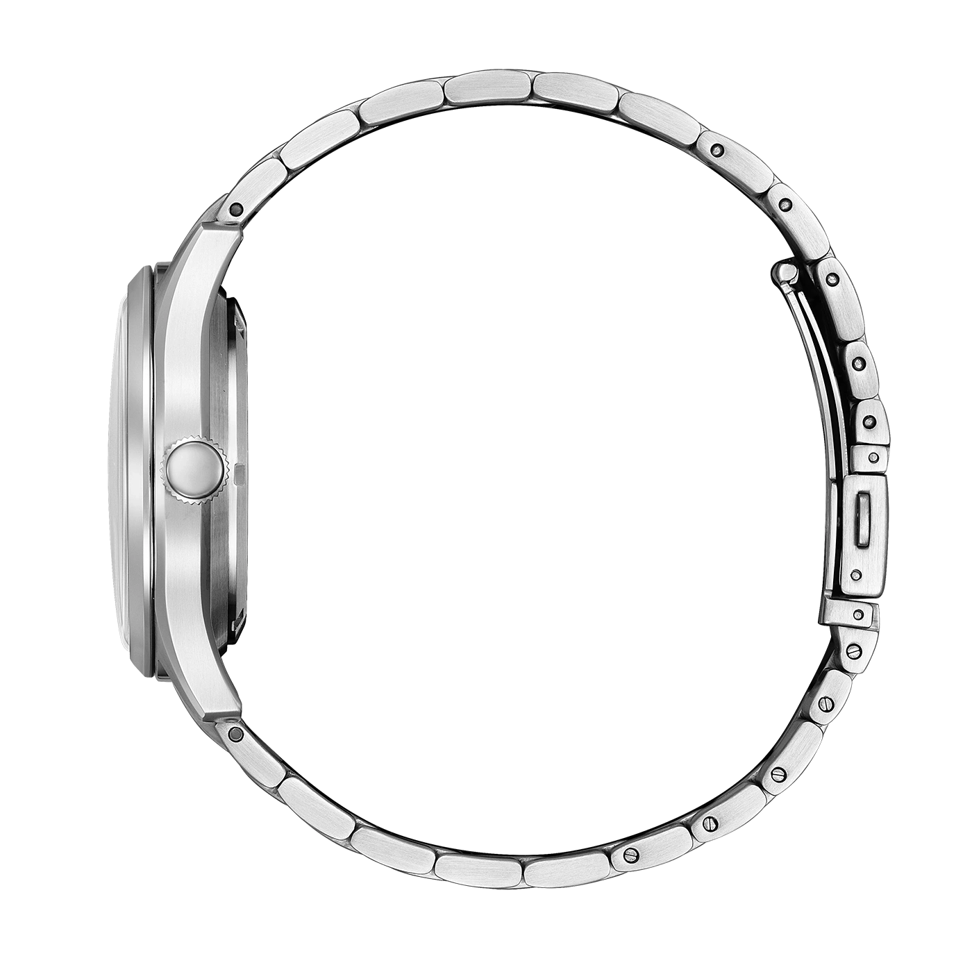Zijaanzicht van een zilveren horloge met metalen band.