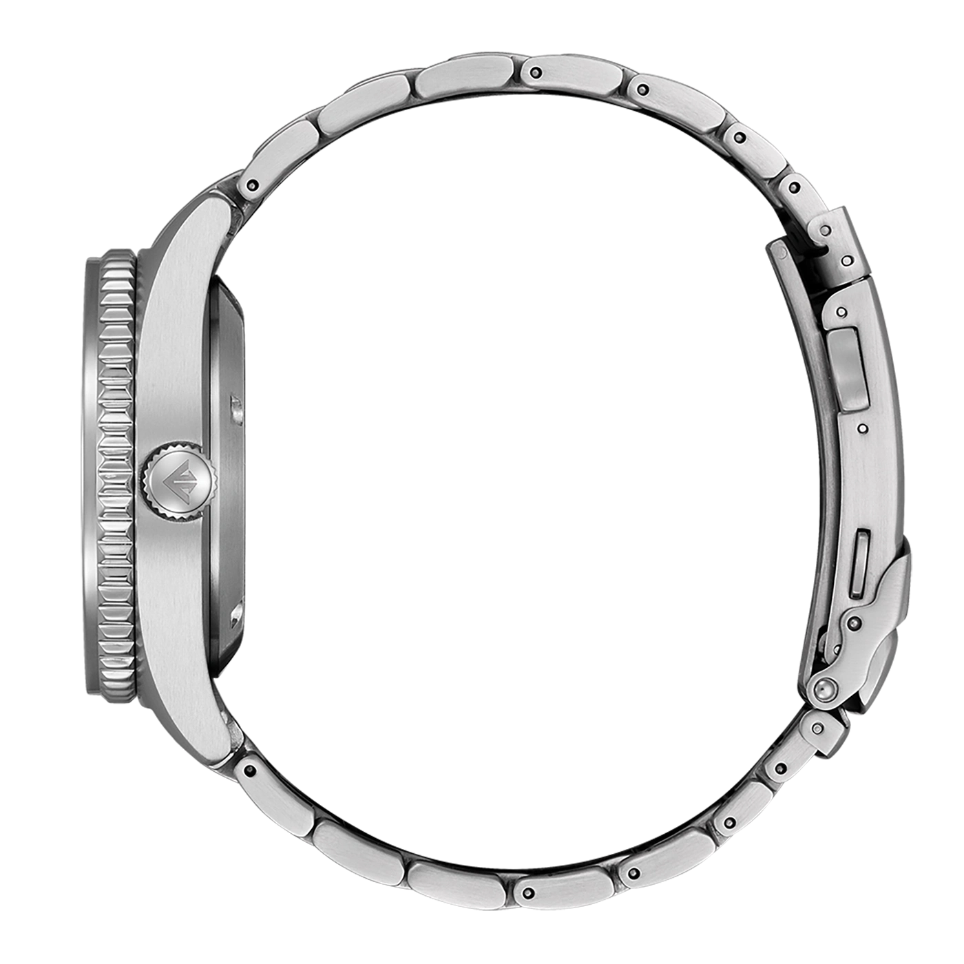 Zilveren horloge met metalen band, zijaanzicht, close-up, elegant ontwerp