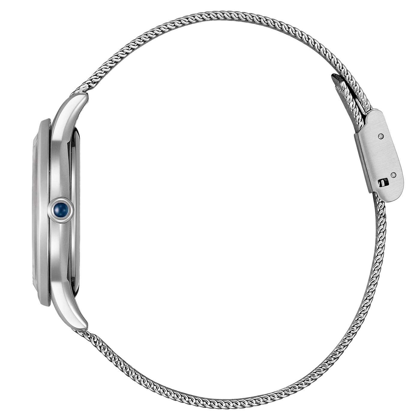 Zilveren horloge met mesh band, zijaanzicht, elegant design, moderne stijl.