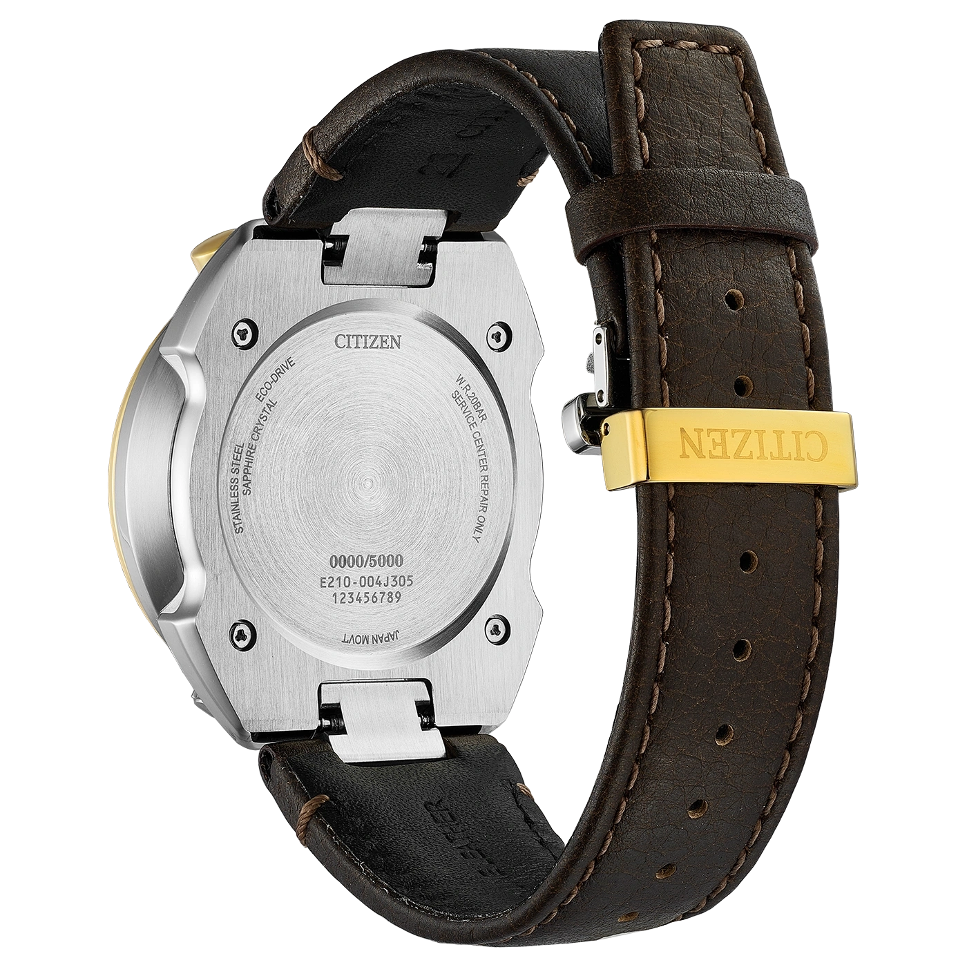 Achterkant van een Citizen Eco-Drive horloge met leren band en gouden gesp.