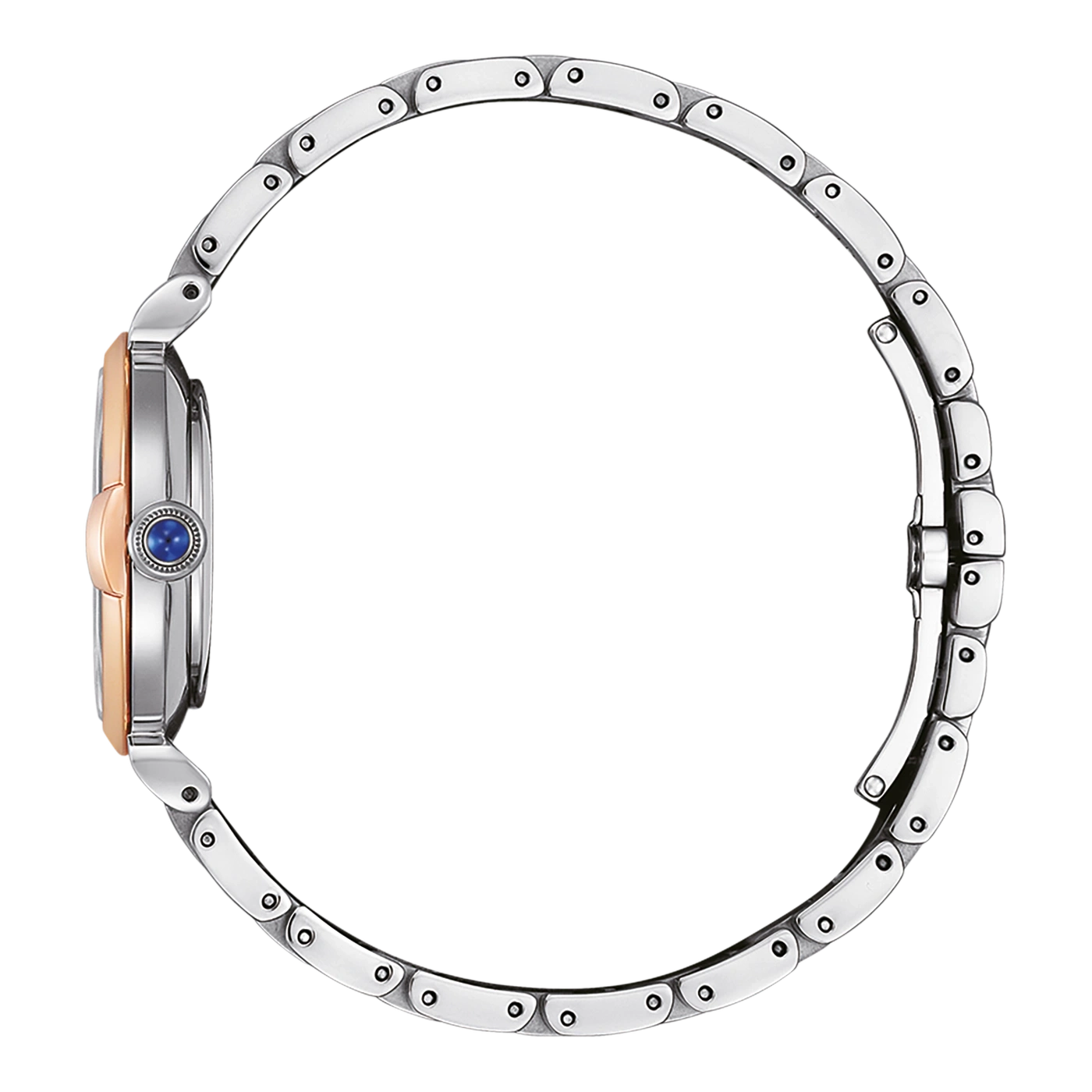 Zijaanzicht van een zilveren en roségouden horloge met een blauwe edelsteen.