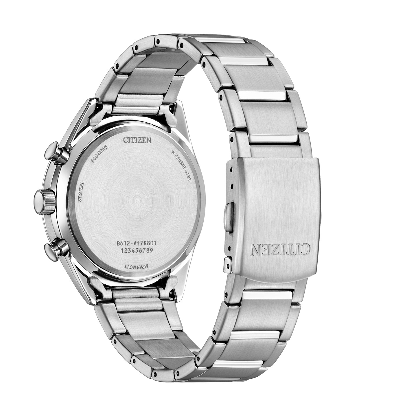 Citizen horlogerug, roestvrij staal, Eco-Drive, modeldetails en sluiting.