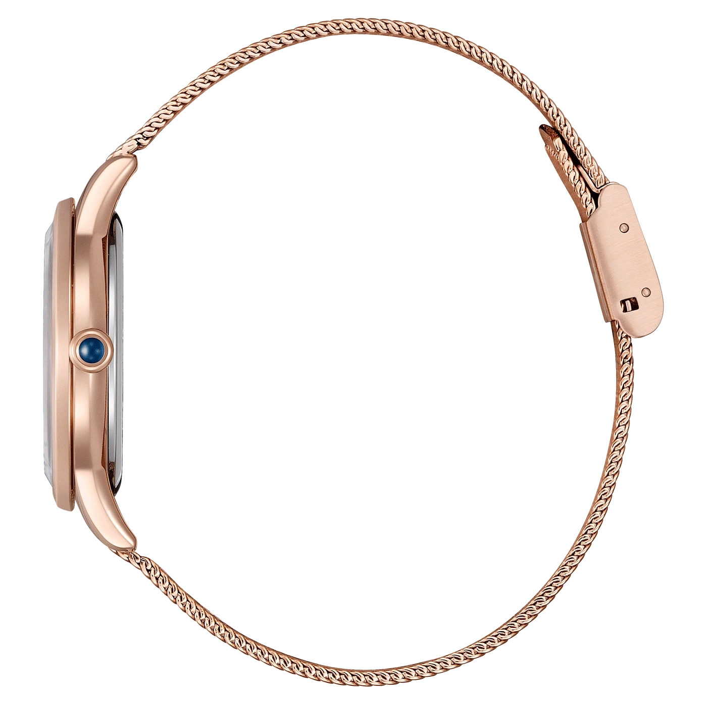 Roségouden horloge met mesh band, zijaanzicht, elegant design.