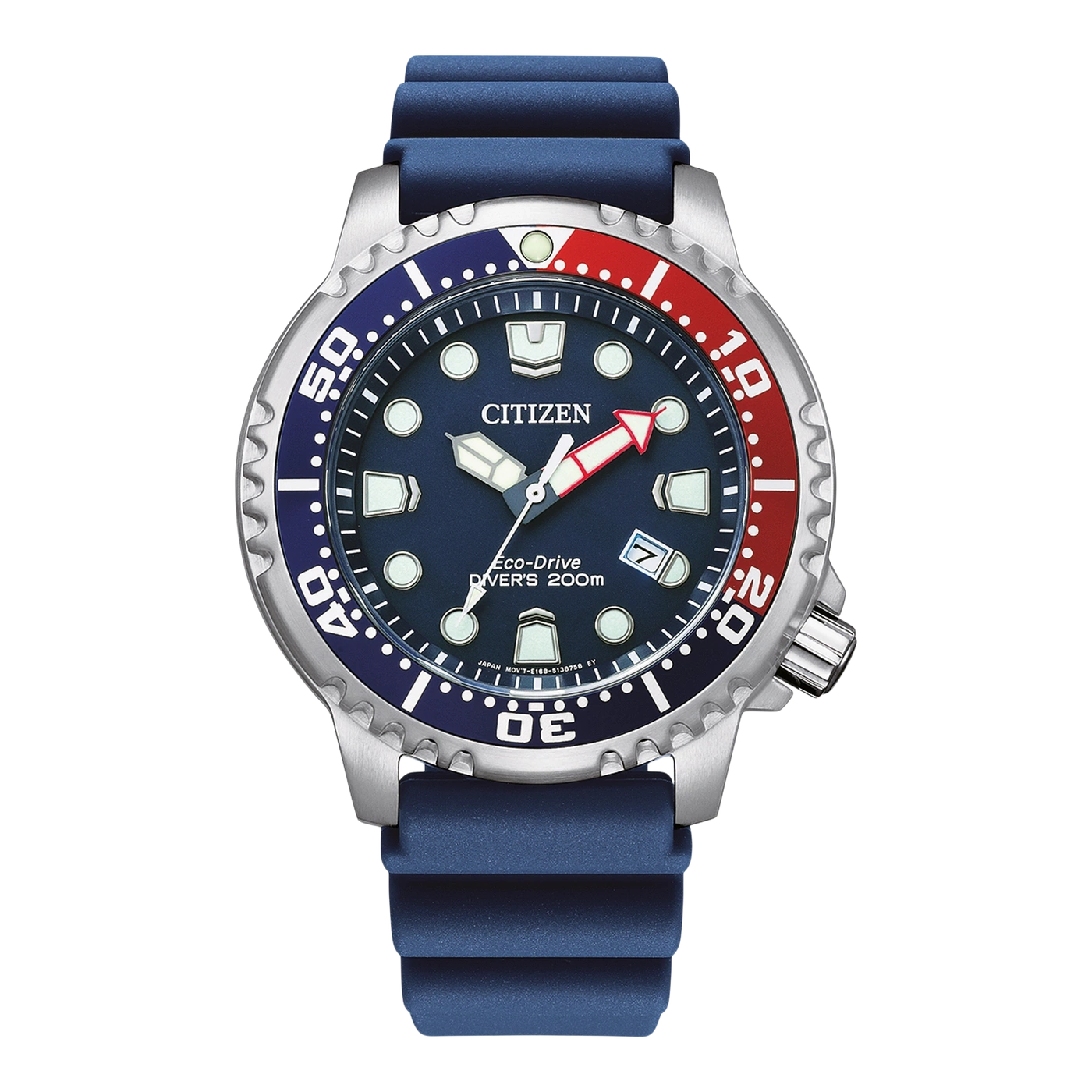 Citizen horloge met blauw-rode bezel, blauwe band en datumweergave.