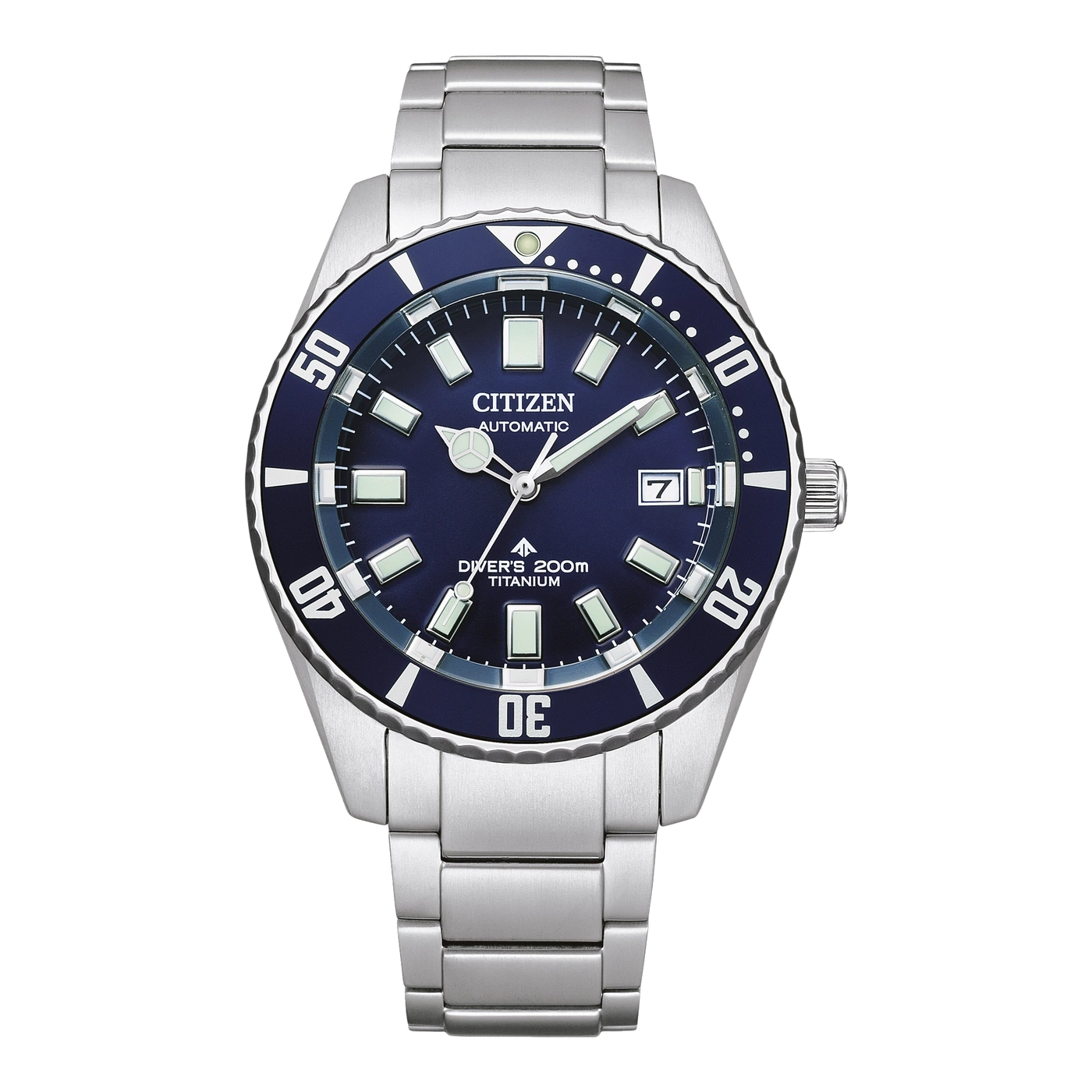 Citizen horloge met blauwe wijzerplaat en titanium band, automatisch duikhorloge
