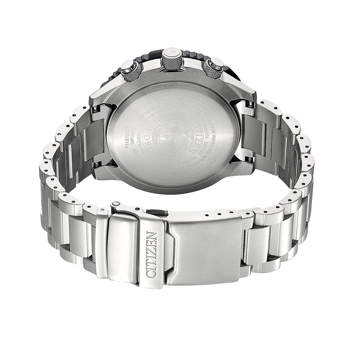 Citizen horloge, stalen band, Eco-Drive, saffier, waterdicht, achterkant