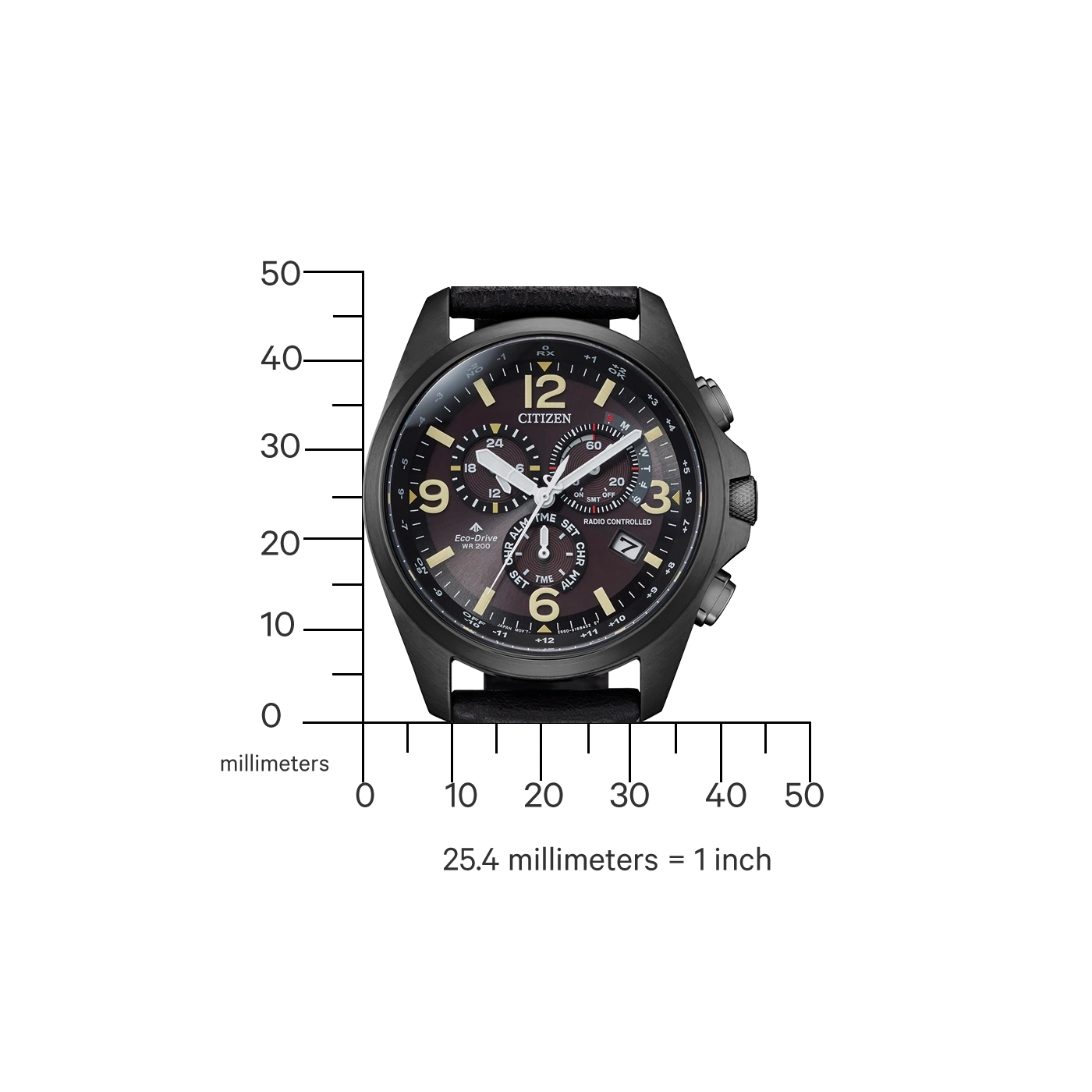 Zwart Citizen horloge met leren band, toont tijd en andere functies.