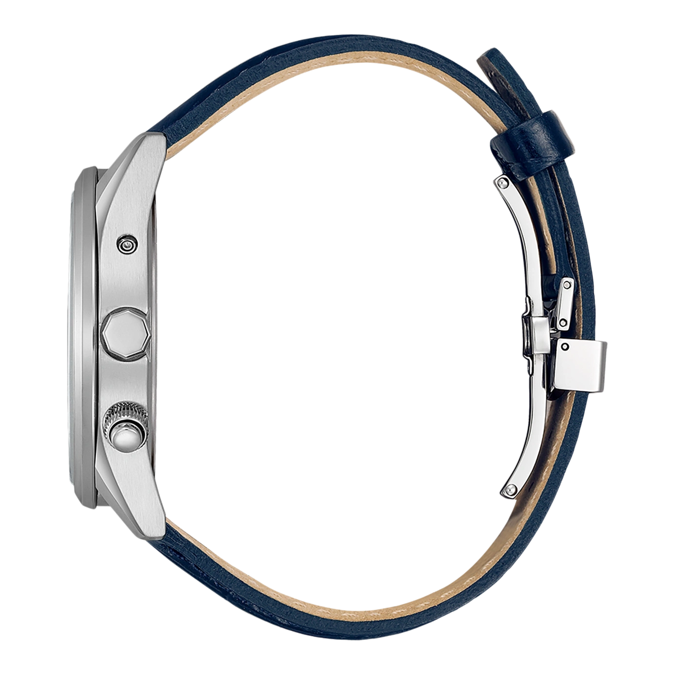 Zijaanzicht van een zilveren horloge met een blauwe leren band.