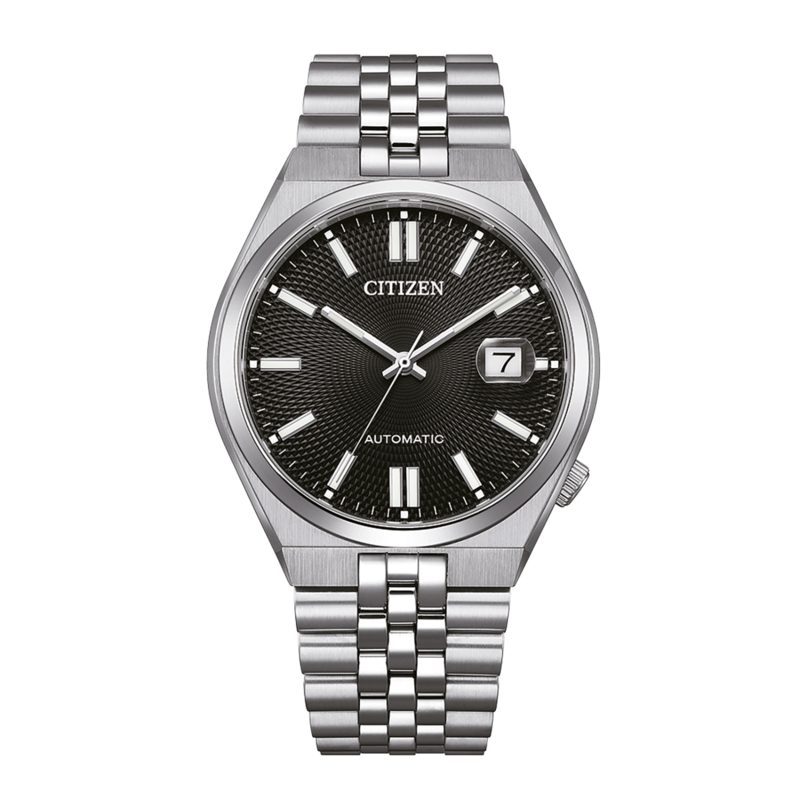 Citizen automatisch horloge met zwarte wijzerplaat en zilveren armband.