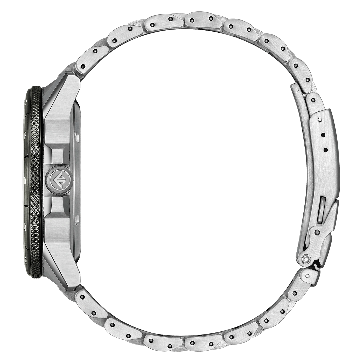 Zijaanzicht van een zilveren horloge met metalen band en zwarte bezel.