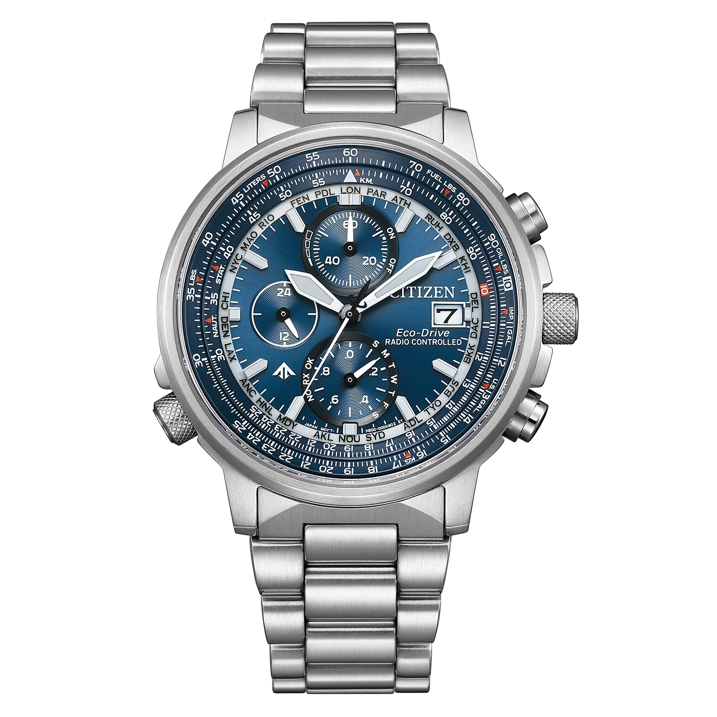 Citizen horloge met blauwe wijzerplaat, zilveren band en meerdere wijzerplaten voor tijdmeting en functies.