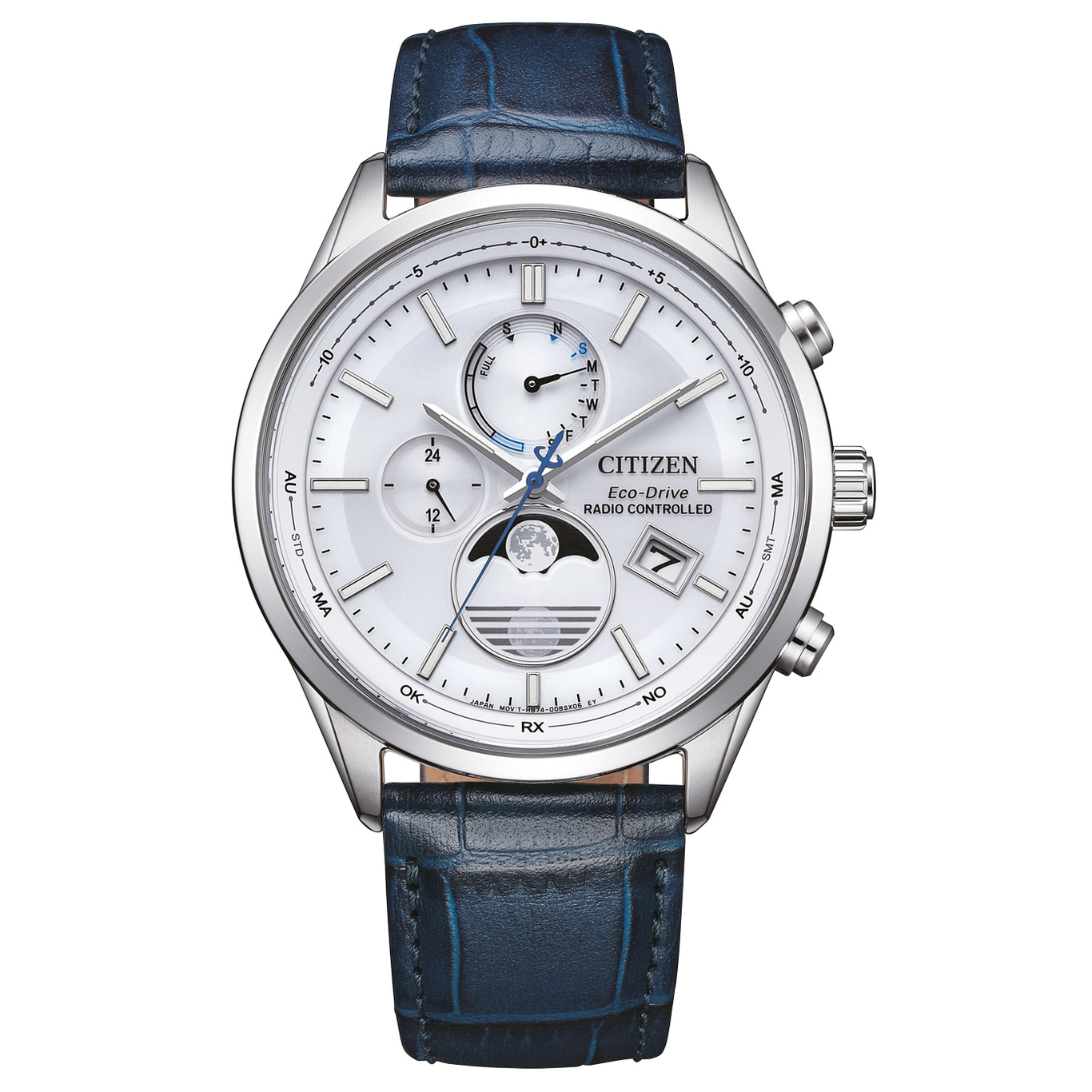Citizen Eco-Drive horloge met witte wijzerplaat en blauwe leren band.