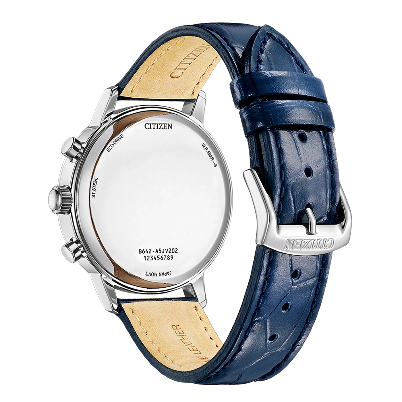 Citizen horlogerug, blauwe leren band, roestvrij staal, eco-drive, Japan movt.