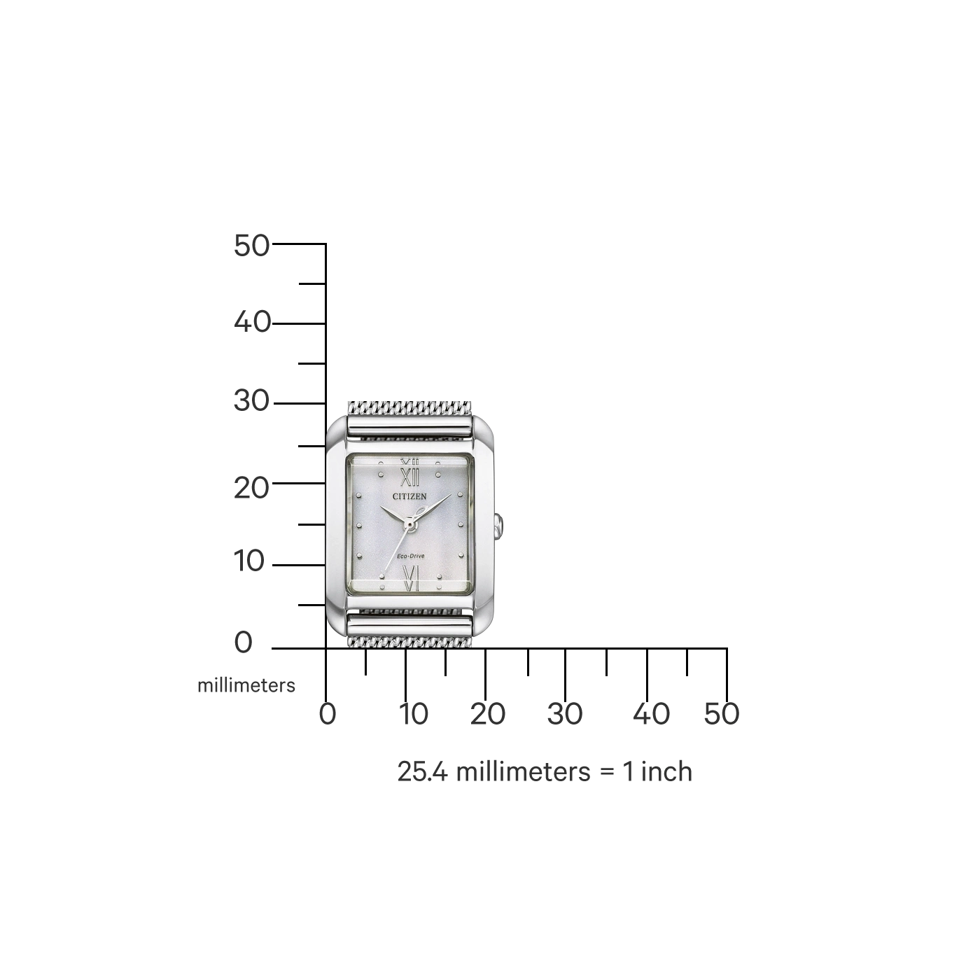 Citizen horloge met vierkante wijzerplaat, zilverkleurig en mesh band. Eco-Drive.