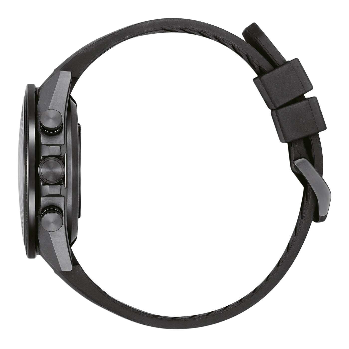 Zwart horloge met zwarte band, zijaanzicht, modern design, elegante stijl.