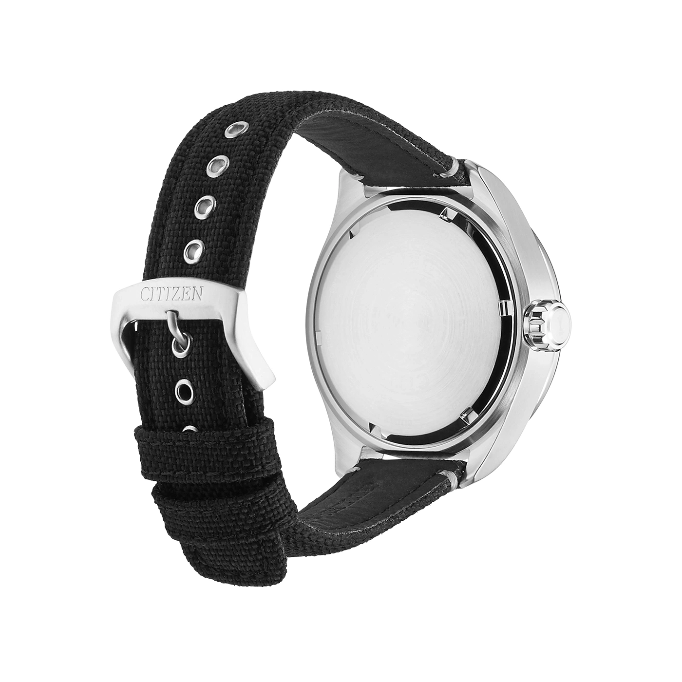 Citizen horloge achterkant met zwarte band en gesp detail