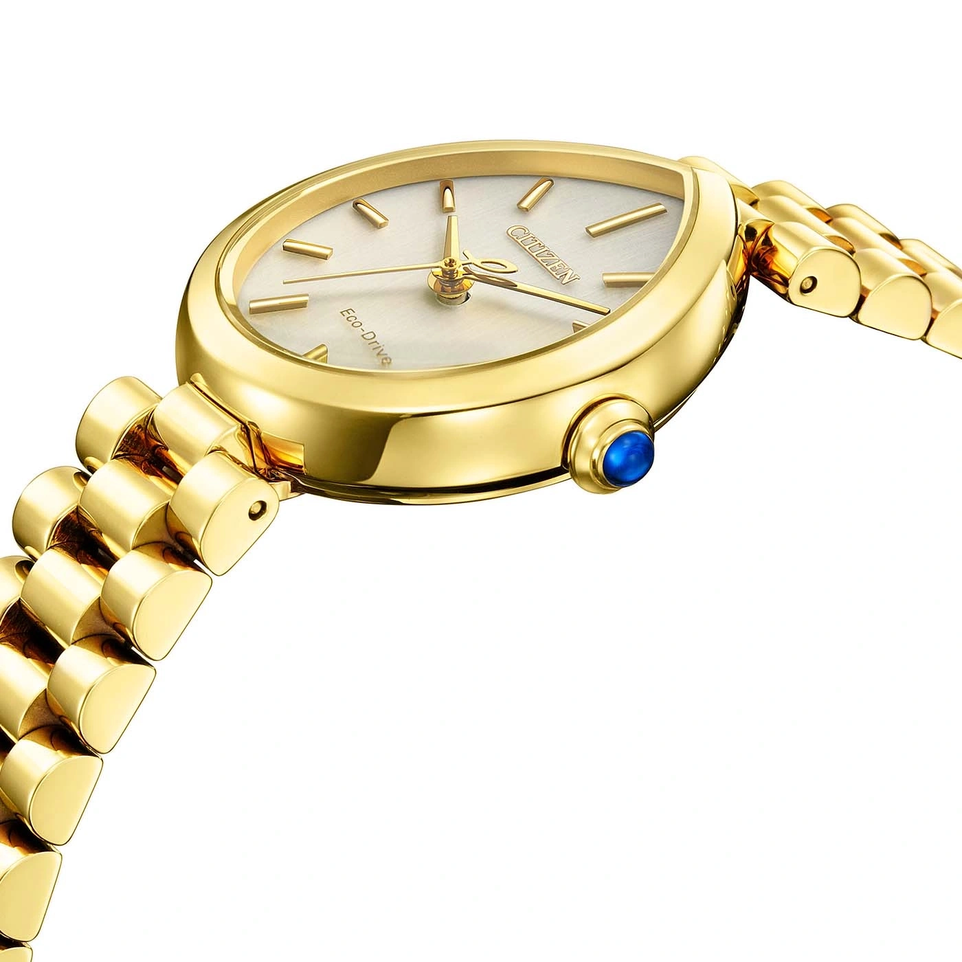Een close-up van een gouden Citizen Eco-Drive horloge met een blauwe steen aan de zijkant.