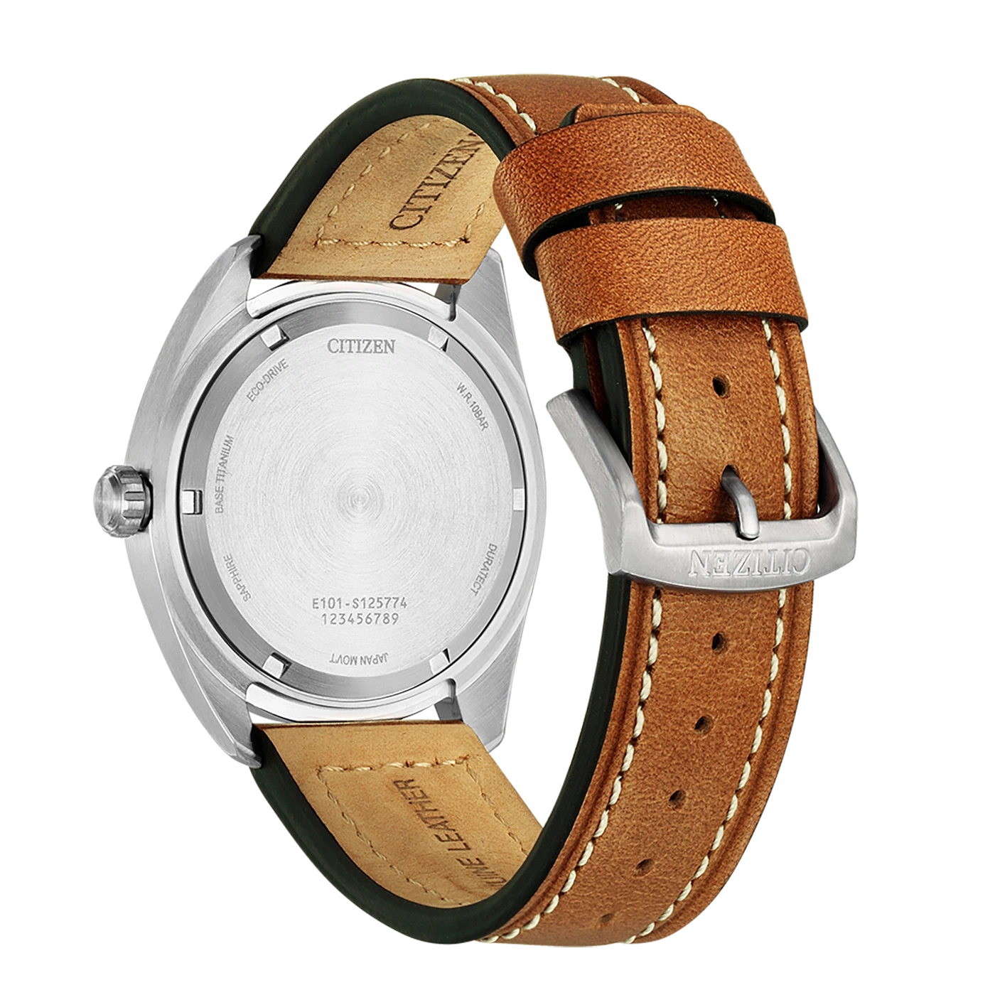 Achterkant van Citizen horloge met leren band, merknaam en details.
