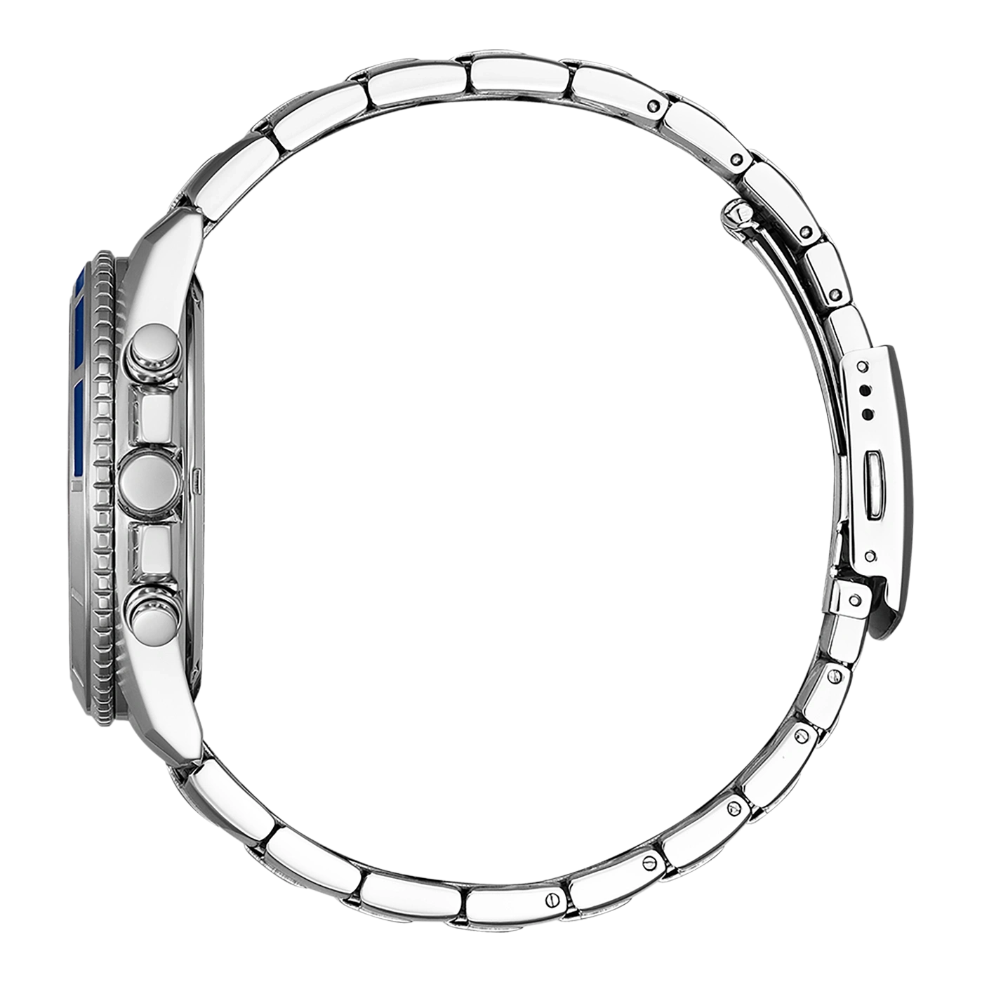 Zijaanzicht van een zilveren polshorloge met blauwe bezel en metalen band.