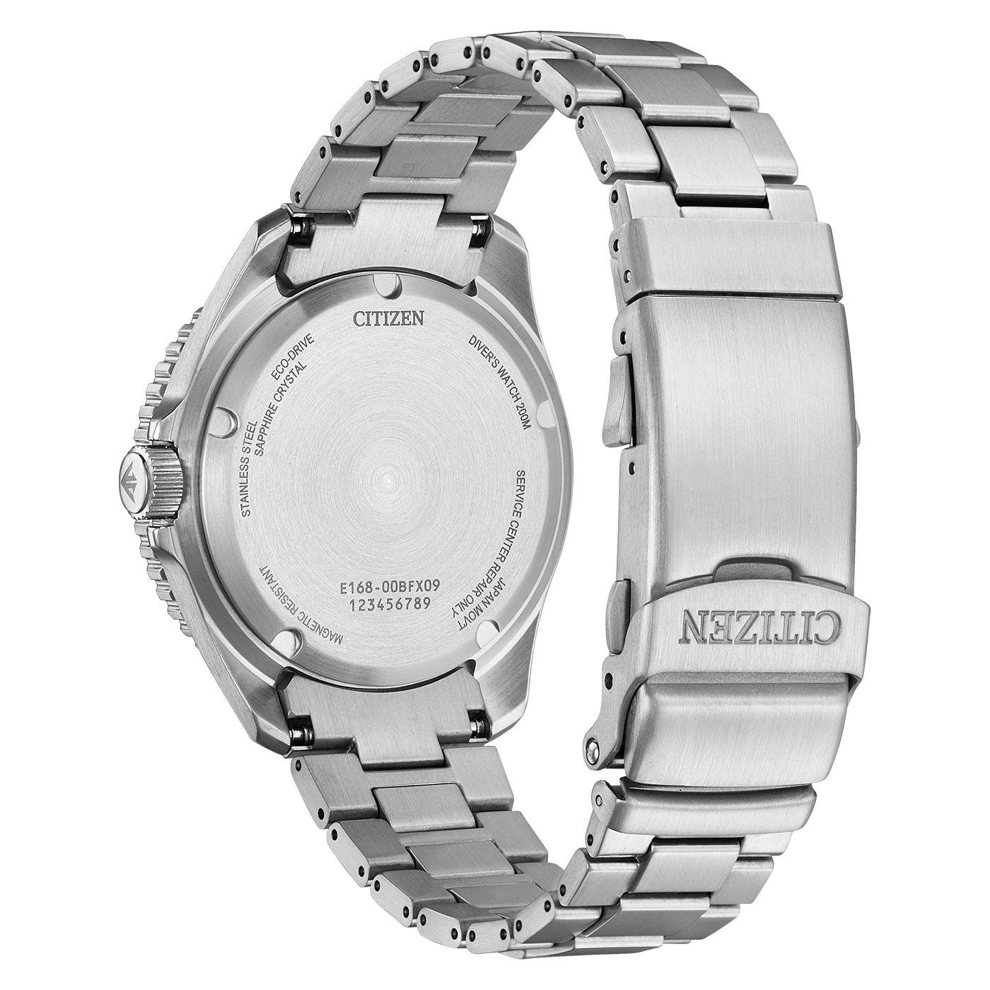 Achterkant van een Citizen Eco-Drive horloge met metalen band