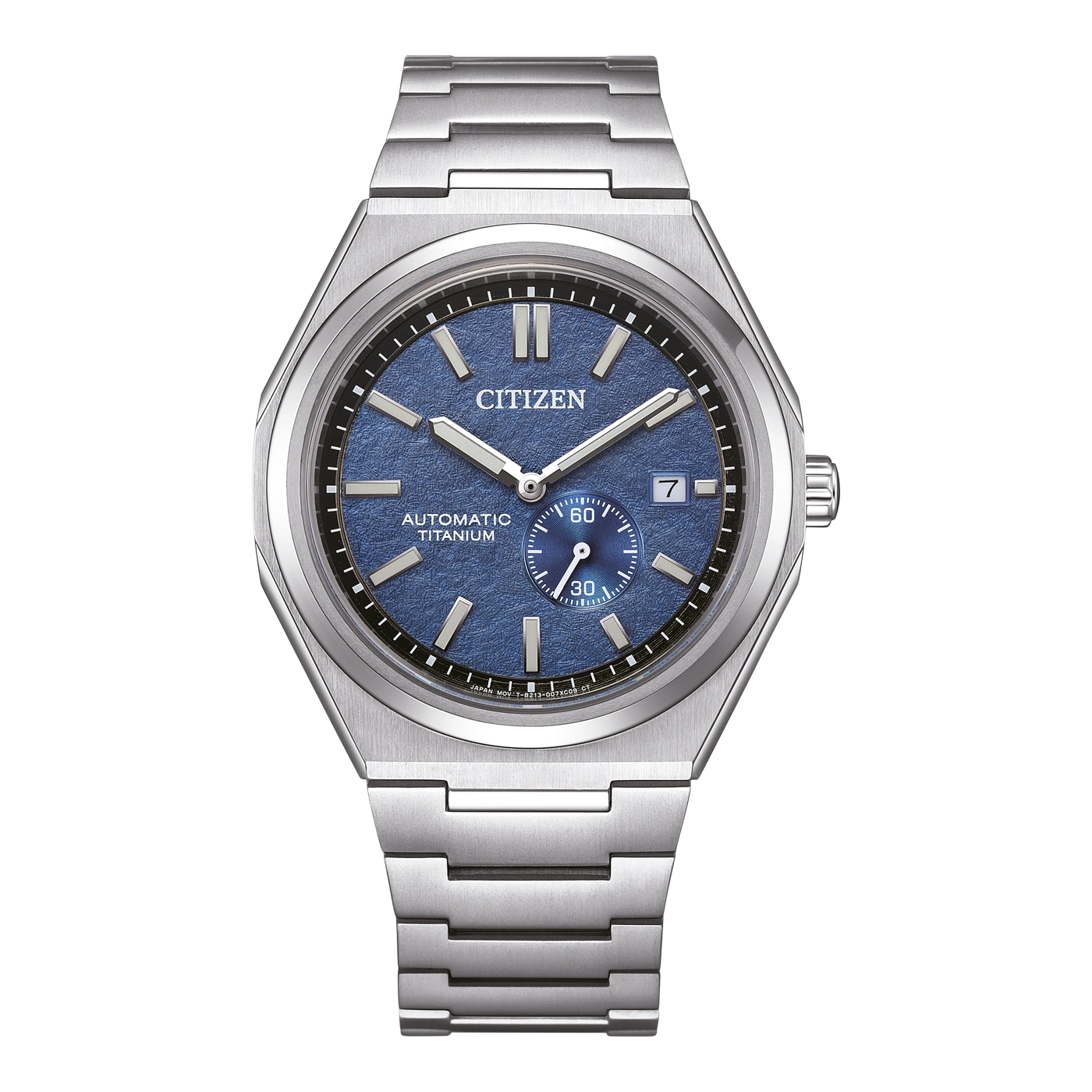 Citizen horloge met blauwe wijzerplaat en titanium band, automatisch uurwerk