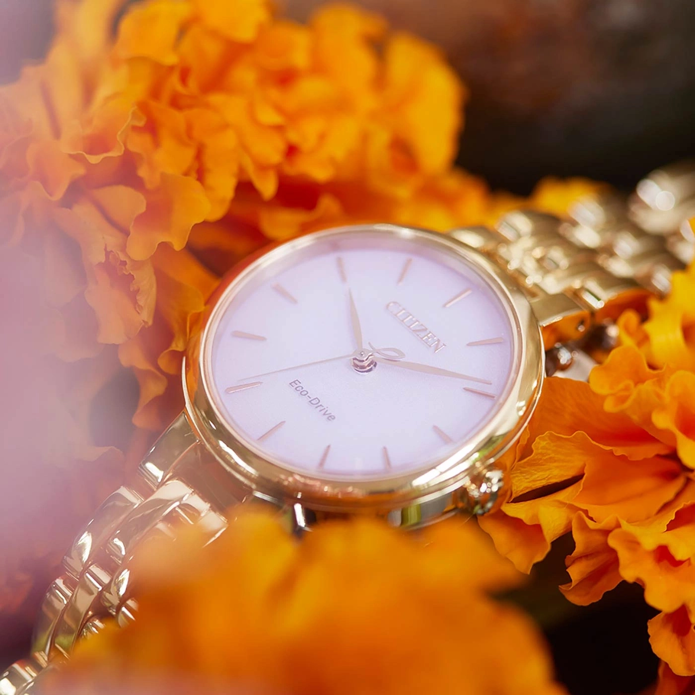 Gouden Citizen horloge met witte wijzerplaat op oranje bloemen, Eco-Drive.