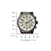 Citizen horloge met zwarte kast en bruine leren band, meetschaal.