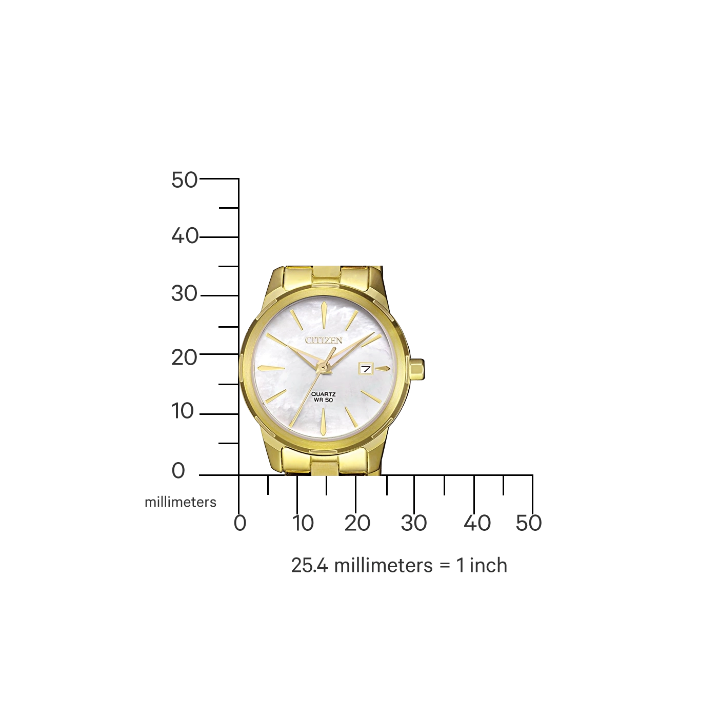 Gouden Citizen horloge met witte wijzerplaat, datumweergave en quartz uurwerk.