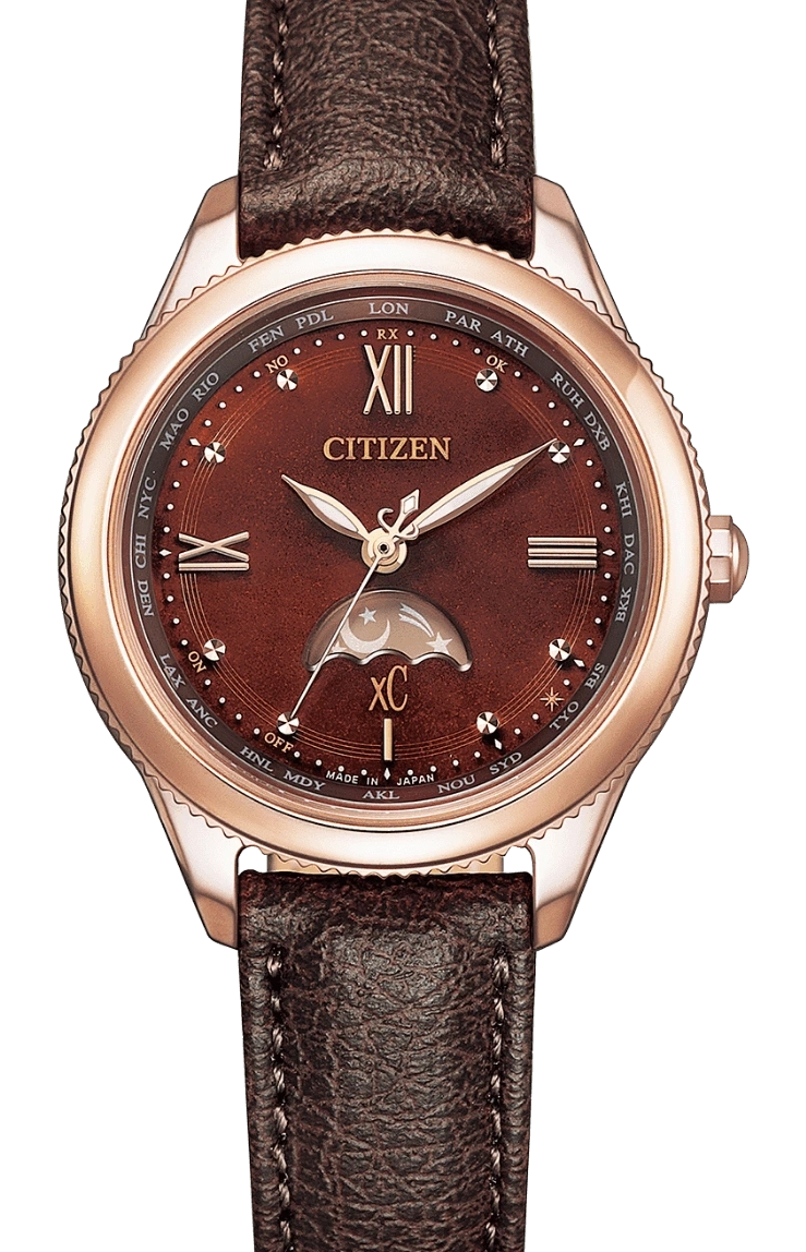 Citizen horloge met bruin lederen band en wereldtijdfunctie, elegant design.