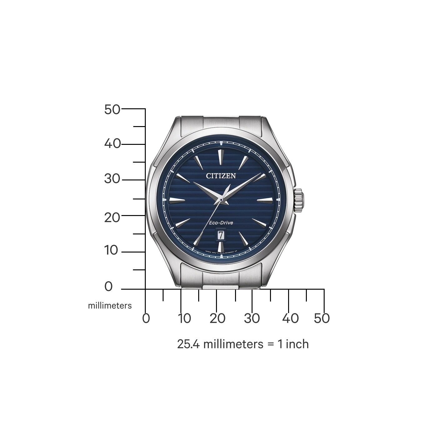 Citizen horloge met blauwe wijzerplaat, Eco-Drive en zilveren band. 25,4 millimeter = 1 inch.
