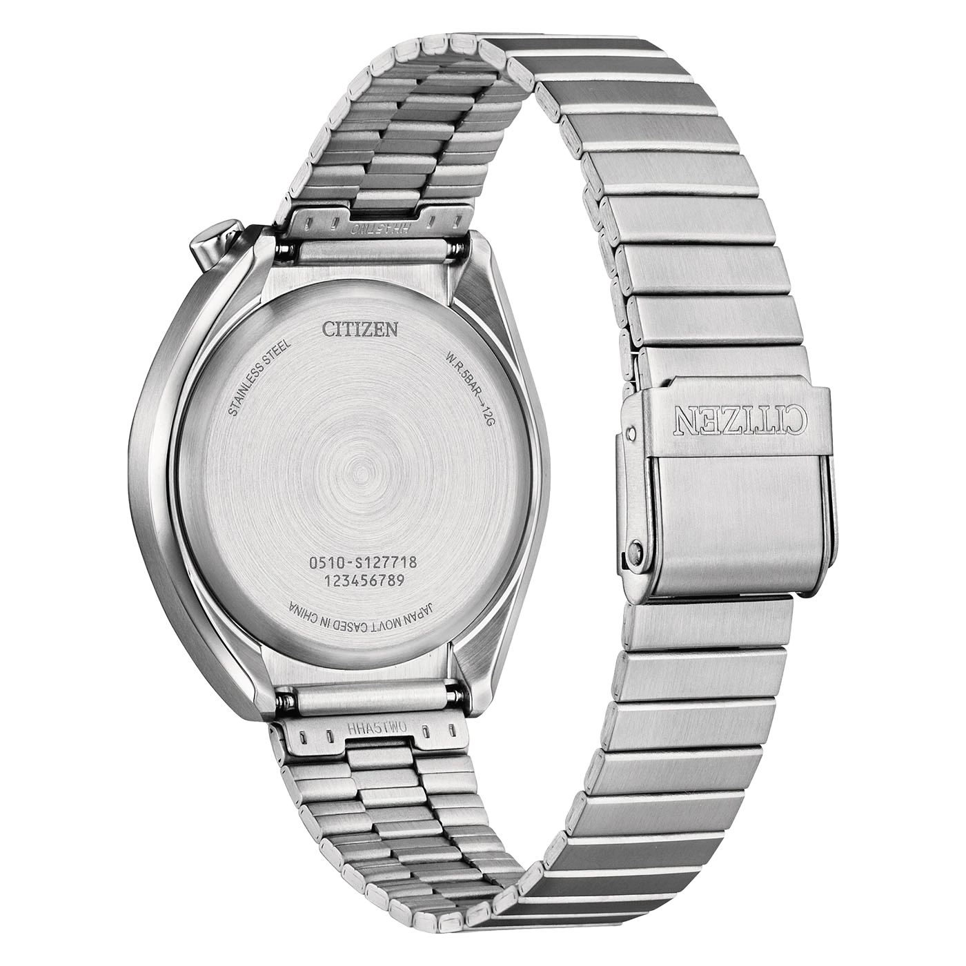 Achterkant van een roestvrijstalen Citizen-horloge met model- en serienummers.