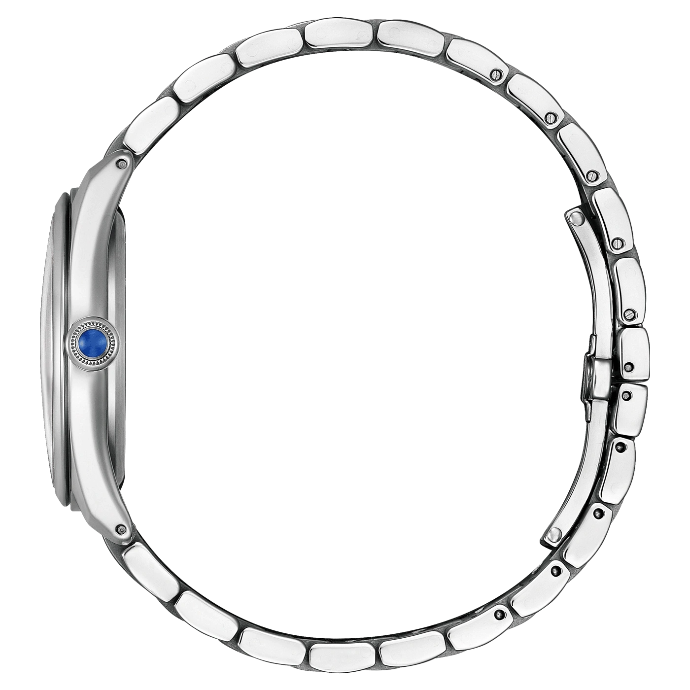 Zilveren horloge met blauwe edelsteen en metalen band, zijaanzicht.